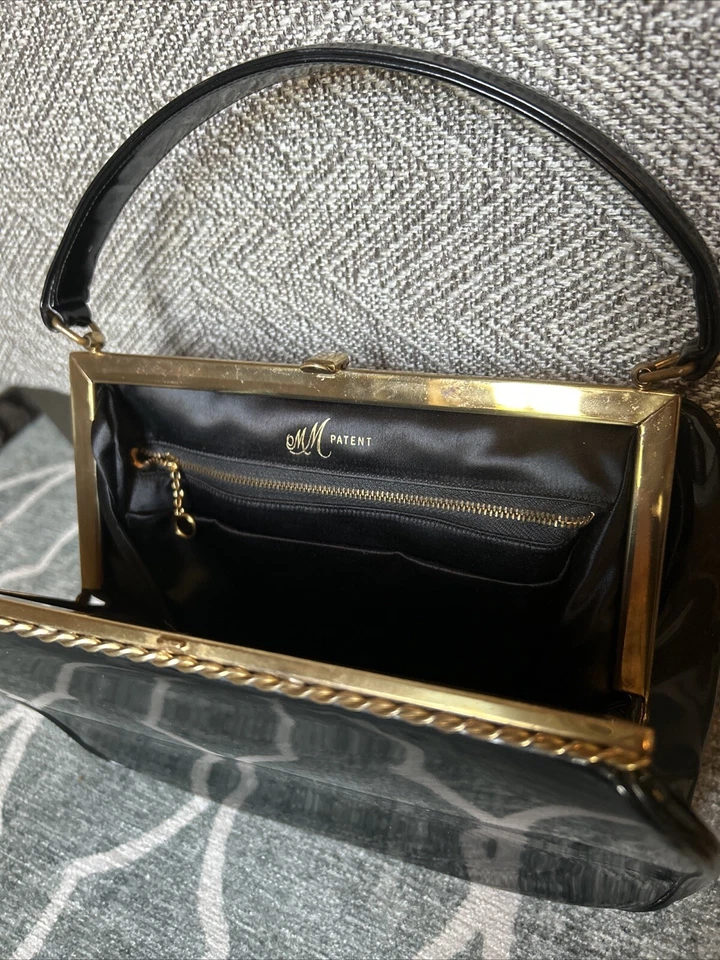 Vintage MM Black Patent Leather Gold Handbag 1950s 60s Morris Moskowitz - Image 2 of 4