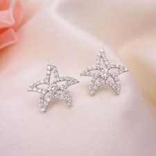 Round Cut Simulated Diamond Women's Star Stud Earring In 14k White Gold Plated