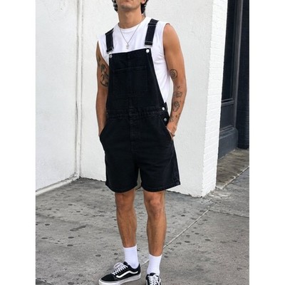 ASOS DESIGN Black Denim Short Overalls Dungarees Mens Adjustable Bib Shorts - 32