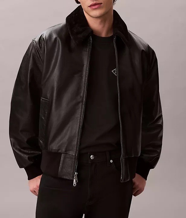 Calvin Klein Jeans Faux Leather Sherpa Collar Bomber Jacket Black