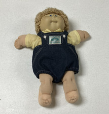1985 Cloth Boy Baby Doll Blue Eyes Curly Blonde Hair Denim Overalls