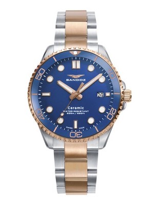 Sandoz Men's Diver Watch 83019-97 Two-Tone Rose Blue 42 Mm – Swiss