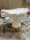 Vintage Westmoreland milk glass compote bowl shell-shaped dish with dolphin stem