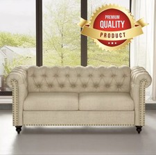 2 Seater Large Chesterfield Style Button Sofa Couch Linen Fabric Victoria Beige 