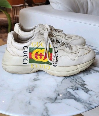 Gucci Men's Leather Rhyton Sneakers GG Logo White Green Red Yellow Size 8