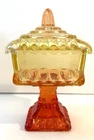 Vintage Jeanette Wedding Box Amberina Red Yellow Square Pedestal Candy Dish 6"