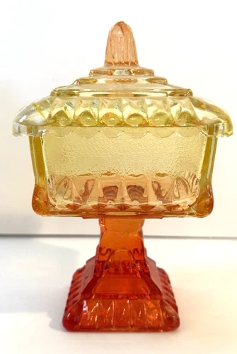 Vintage Jeanette Wedding Box Amberina Red Yellow Square Pedestal Candy Dish 6"