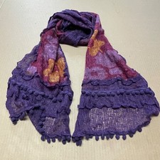 Rectangle Boho Floral Scarf Purple 70's Print Textured Layered 70" X 13" Fringe