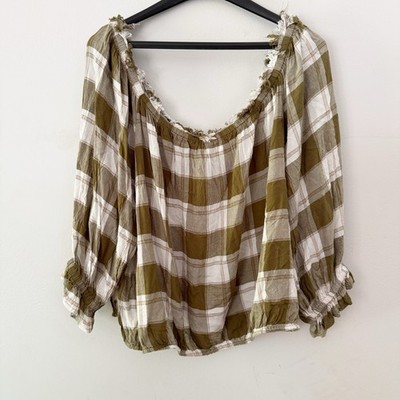 Cato Women Plaid Peasant Top Size 22/24W Prairie Cottage Woodland Forest Green