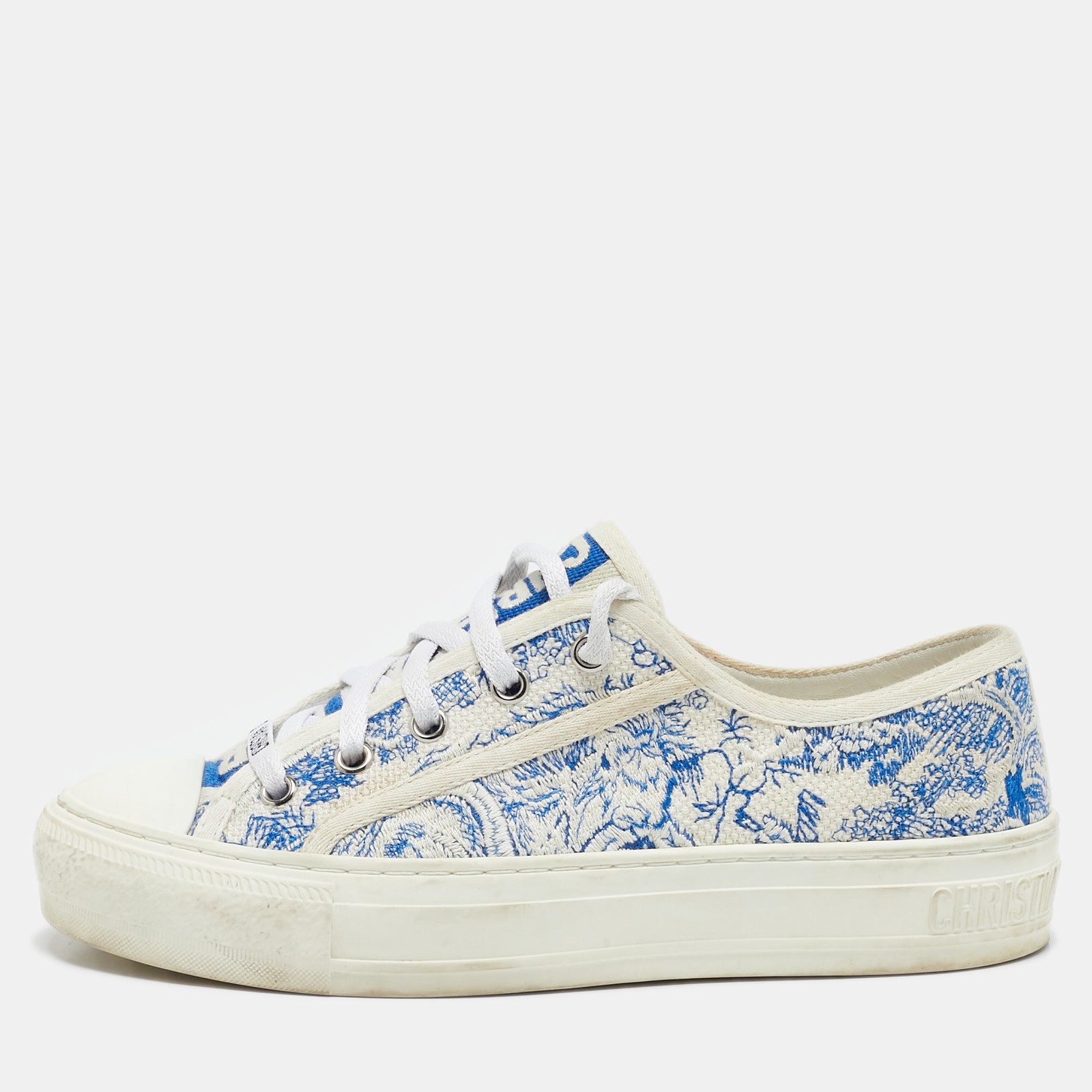 Dior White and Blue Embroidered Canvas Walk N Dior Sneakers Size 36