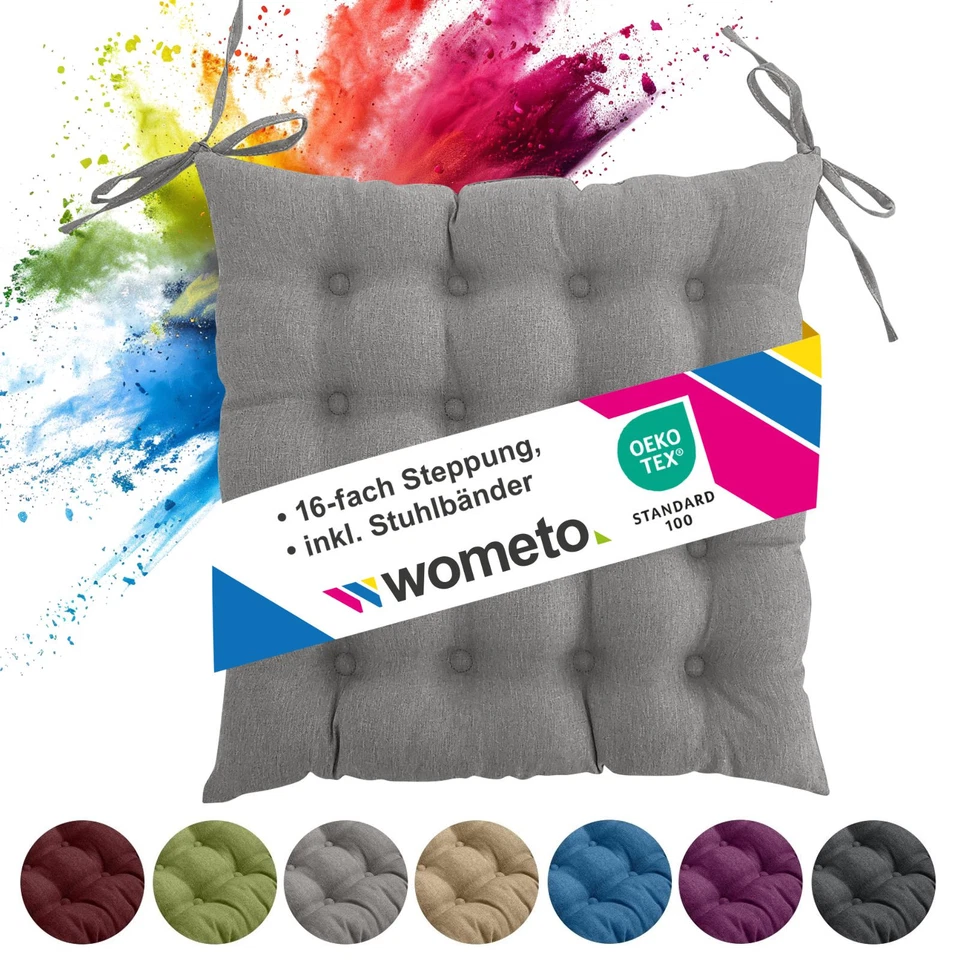 WOMETO Sitzkissen Stuhl 40x40 Stuhlkissen Stuhlauflage Sitzauflage mit Bändern