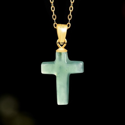 Natural Grade A Jadeite Jade Cross Gold Plated 925 Silver Pendant