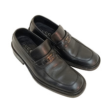 Gucci Mens Loafers Logo GG Black Leather Dress Shoe Italy Size EU 39 US 6