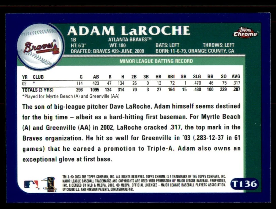 2003 Topps Traded & Rookies #T136 Adam LaRoche Rookie Chrome - Image 2 of 2