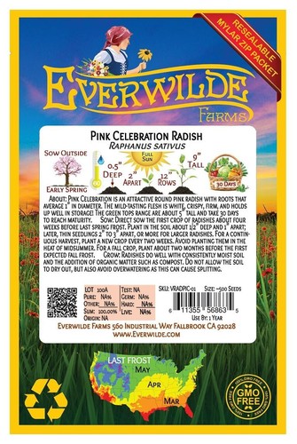 500 Pink Celebration Radish Seeds - Everwilde Farms Mylar Seed Packet - Picture 2 of 3