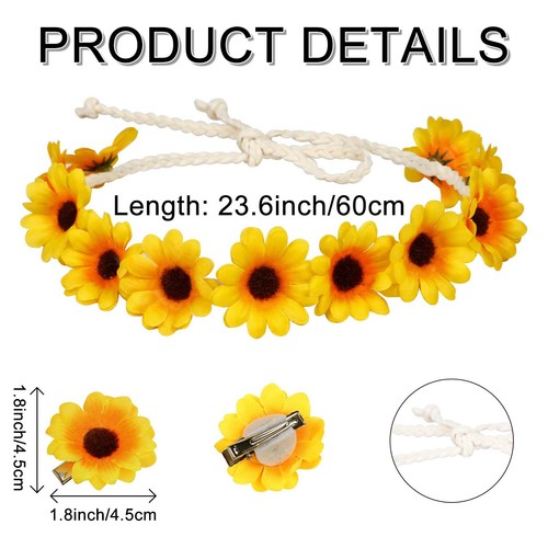 Diadema corona de flores de 1 pieza y 8 piezas pinzas para el cabello de margarita para cabello hippie girasol - Imagen 2 de 7