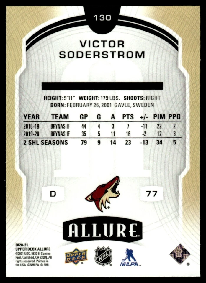 2020-21 Upper Deck Allure Victor Soderstrom Rookie Arizona Coyotes #130 - Image 2 of 2