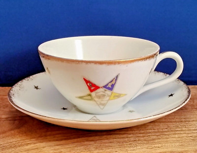 Masonic Eastern Star Tea Cup Saucer Norcrest Porcelain Vintage White Gold Trim