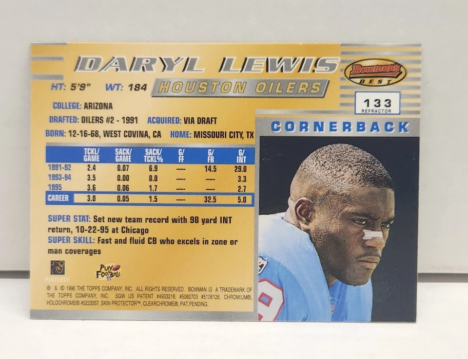 DARRYLL LEWIS 1996 Bowman's Best REFRACTOR #133 ~ Oilers - Image 2 of 2