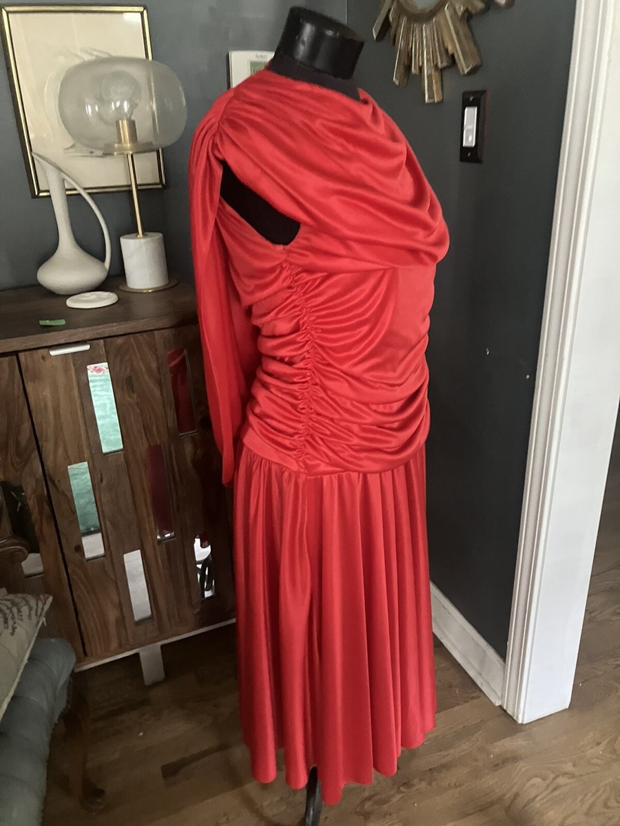 Vintage 1980's Ruched Bodycon Red Dress HANNA LEE SZ M Draped Open Back 80’s WOW