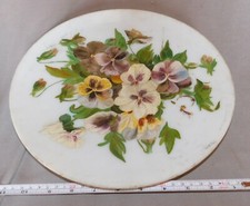 Antique vintage hand painted milk glass platter charger pansies flowers ca. 1920
