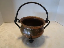 Vintage Copper hammered footed cauldron pot wrought iron handle ruffled rim 9" T