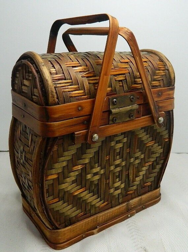 Vintage Woven Rattan & Brass Wooden Box Basket Swing Around Latch Bamboo Handles - Picture 4 of 15