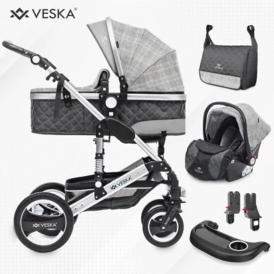 VESKA 3 in 1 Kombi-Kinderwagen Buggy Reisebuggy inkl. Auto- Babyschale Jogger Faltbar