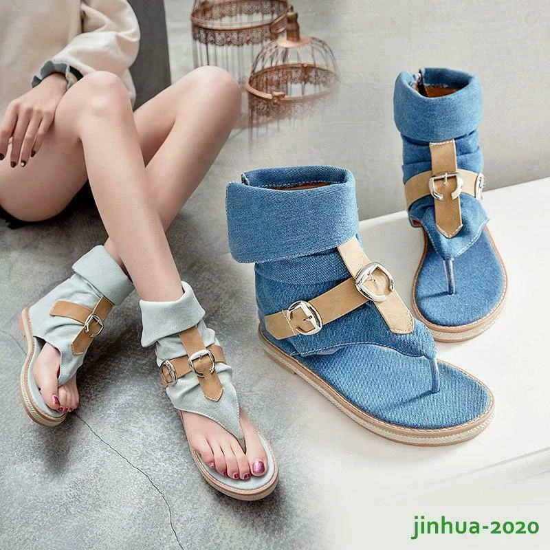 Roman Women's Denim Sandals Jean Ankle Boot Clip Toe Thong Shoes Flat Korean SZ - Image 2 of 4