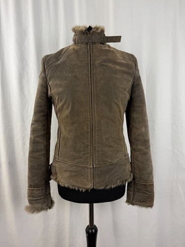 Damen MNG Lederjacke Kunstfell gefüttert braun Größe 12 Wildleder Biker Winter - Bild 12 von 23