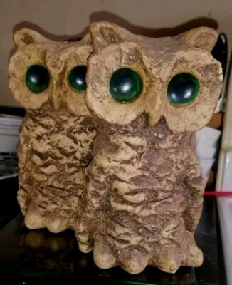 Rare Set Of 2 Brutalist 6'' Athena's Owls Sculptures Puy De Dôme Volcanic Cement