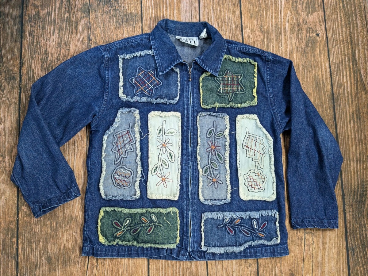 Vintage Keren Hart Teacher Denim Jacket Patchwork Artsy Blue Size 