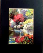 GARDEN OVER THE POND PICTURE FLOWER GARDEN KENT WALLIS MATTED UNFRAMED PRINT8X10