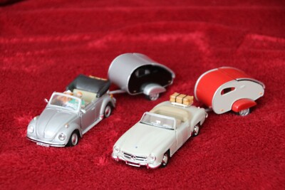 Mercedes 190 SL + VW Käfer Cabrio 1:43 zwei Klasiker mit Anhänger.Von priva