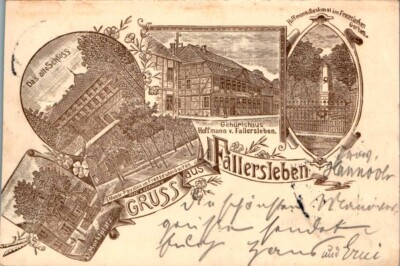 FEDER LITHO GRUß AUS FALLERSLEBEN WOLFSBURG GEBURTSHAUS HOFFMANN 5 BILD 1897