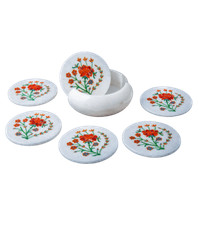 Marbre Coaster Set Demi Précieux Pierres Incrustation Floral Travail Fait Maison