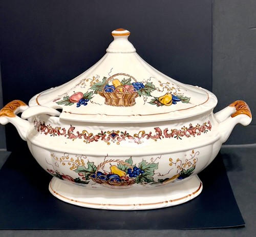 Porzellan Suppenterrine mit Deckel Servierkelle Ernte Obstkorb 13"lx8,25"w Japan - Bild 12 von 18