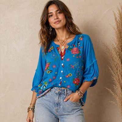 John Mark Linen Peasant Top Women Size PS Embroidered Floral Boho Festival Tunic