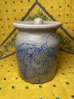 Salmon Falls Pottery BLUE STRAWBERRY lidded jar crock sugar 5 inch with lid