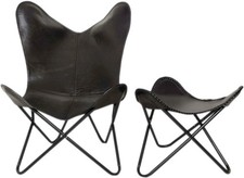 Chaise Papillon En Cuir De Buffle BKF Fait Main + Pouf Meuble D'Accent De Salon