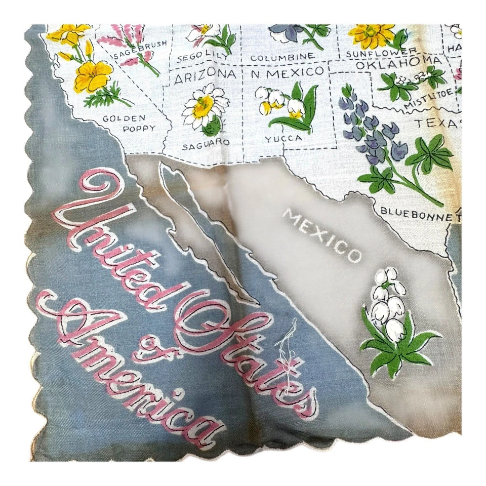 Pañuelo mapa vintage de Estados Unidos estampado floral flores estatales recuerdo LEER Foto 2 de 4