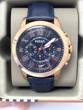 Fossil Grant Chrono Rose-Gold Case Navy blue Dial Navy Blue Leather Band FS4835