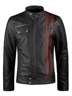 Men's Black Biker Cafe Racer Motorcycle Jacket With Red Strap Leather Jacket