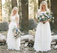 Country Boho A Line Wedding Dresses V Neck Lace Chiffon Half Sleeves Bridal Gown