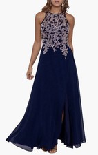 Betsy Adam Sz 12P Navy Blue Gold Embellished Illusion Neckline Chiffon Gown 309