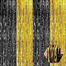 3 Pack Black Gold Foil Fringe Curtain Backdrop, 3.28Ft x 8.2Ft Metallic Tinse...