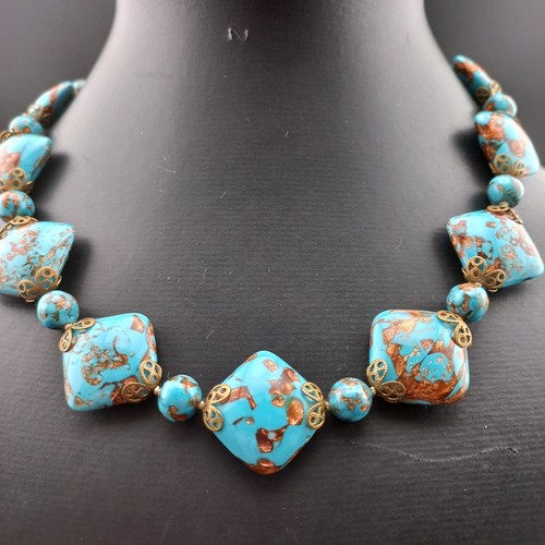 Mid-Century Venetian Murano Aventurine Glass Bead Necklace - Turquoise & Copper