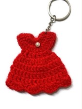 Red Crochet Dress Keychain Handmade Knit Pearl Cute Bag Charm Key Ring Gift New