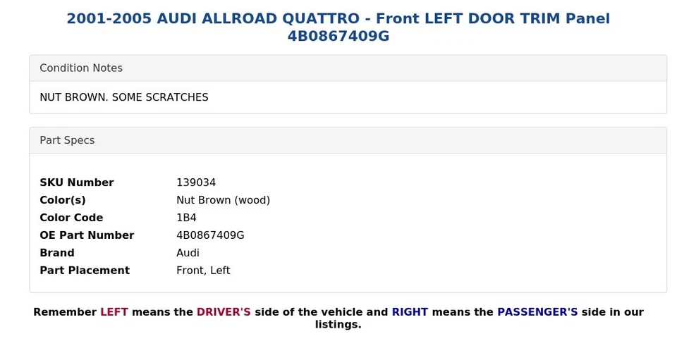 AUDI ALLROAD QUATTRO 2001-2005 - Panel de moldura de puerta delantera izquierda 4B0867409G Foto 4 de 4