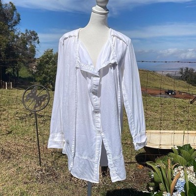 Em Polham White Long Sleeve Tunic button up Beach Costal Laganlook Blouse Small